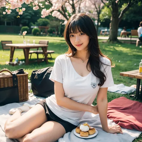 Japanese woman in her early 20s, long straight black wavy hair and blunt bangs, wearing a crisp white V-neck t-shirt and a black mini skirt, sitting on a picnic blanket under cherry blossom trees at night, holding an iced coffee and a pastry, gentle smile,...