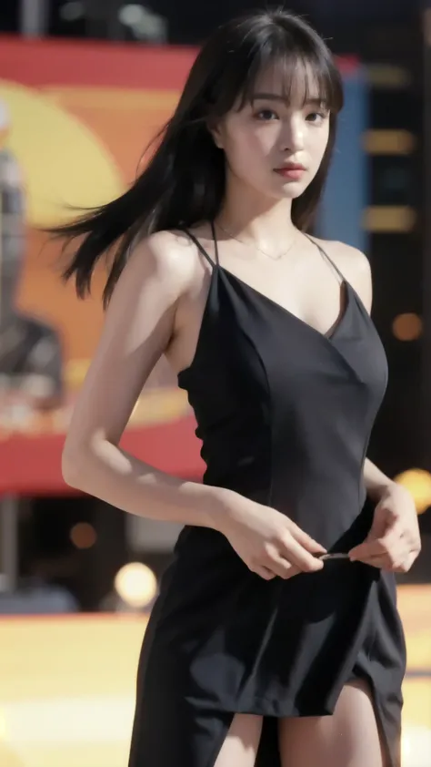 skyscrapers、Highest Quality,masterpiece,超high resolution,(Realism:1.4), original photo ,cinematic lighting,1 girl,backlit,ocean,big breasts, Black Dress, Highest Quality,  8k Wallpaper, very well detailed, super real, sharp concentration in nude clothes, (...