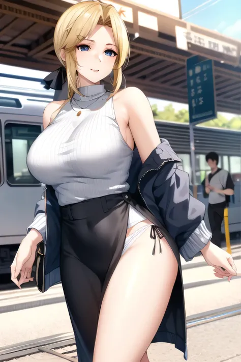 Can you draw a blonde，nice smiles，Can you draw a woman staring at a train，Please draw a picture of a woman waiting in front of a car，東京の地下鉄ホームでwaiting for the train女性は描けますか， ,congestion,waiting for the train，fun，Underground railway stations ，The sign hangi...