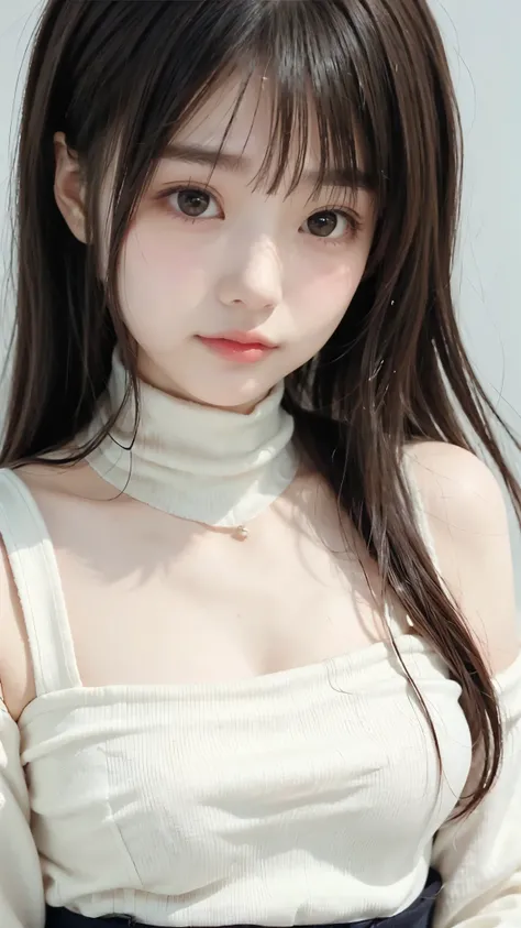 Beautiful girl with accentuated breasts、Highest Quality、8K、 RAW photos 、Turtleneck clothing、twin tails、side bang、 exposes shoulders、beautiful small face、High nose、flushed cheeks、