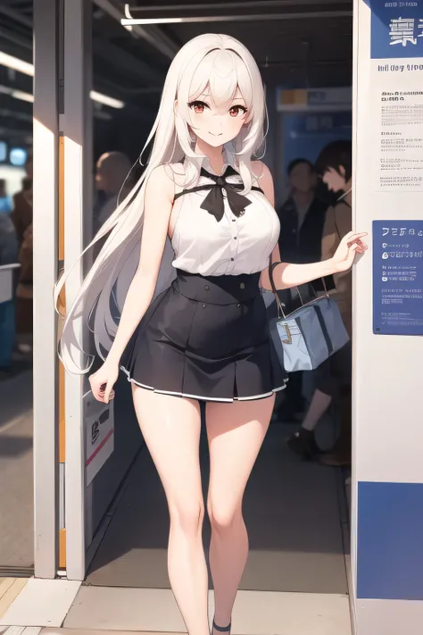 Can you draw blondes，nice smiles，Can you draw a woman staring at a train，Please draw a picture of a woman waiting in front of a car，東京の地下鉄ホームでwaiting for the train女性は描けますか， ,congestion,waiting for the train，fun，Underground railway stations ，The sign hangin...