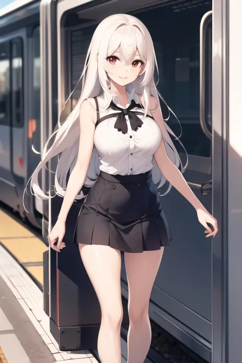 Can you draw blondes，nice smiles，Can you draw a woman staring at a train，Please draw a picture of a woman waiting in front of a car，東京の地下鉄ホームでwaiting for the train女性は描けますか， ,congestion,waiting for the train，fun，Underground railway stations ，The sign hangin...