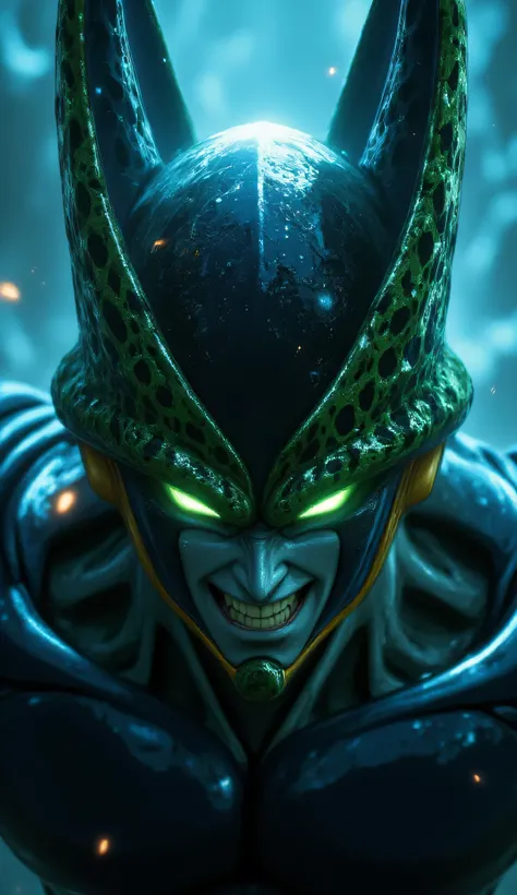 Extreme close-up shot, eerie horror-inspired angle – Cell’s Perfect Form slowly emerges from the darkness, his bio-armored exoskeleton glistening under the dim, flickering blue-green backlight. His piercing, luminescent green eyes cut through the shadows, ...