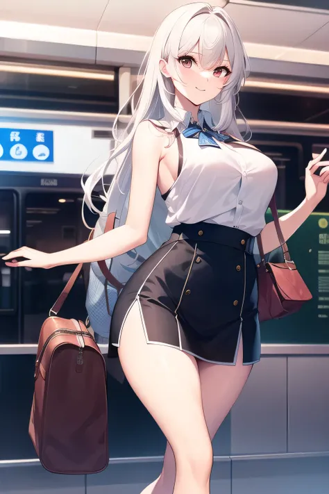  white and blue uniform,Can you draw blondes，nice smiles，Can you draw a woman staring at a train，Please draw a picture of a woman waiting in front of a car，東京の地下鉄ホームでwaiting for the train女性は描けますか， ,congestion,waiting for the train，fun，Underground railway s...