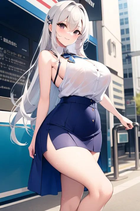  Can you draw a blue miniskirt，white sleeveless blouse，are wet and her skin can be seen through，Big Breastsでもウエストが細い，,Can you draw a blonde，nice smiles，draw a picture of a woman staring at a train，draw a picture of a woman standing in front of a car waitin...