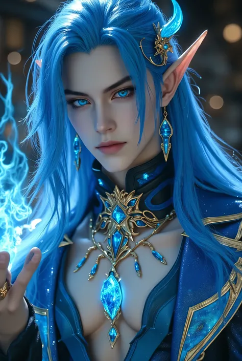 Very Large Hanging Eyes Men(Straight Long Blue Hair)stares((Blue Hanging Eyes))white and smooth skin(Big Blue Eyes)(Short, Round Ears)grumpy((Flashy and Luxurious Fantasy Outfit))Very Hanging Eye Beautiful Man Has a Thin, High Nose、Very thin jaws(Silky Ski...