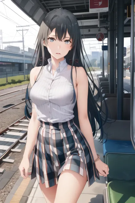 nice smilesの20歳の成人女性，Please draw long black hair，Big Breastsでもウエストが細い，nice smiles，Can you draw a woman looking at a train，draw a woman waiting in front of the car in front of you，東京の地下鉄ホームでwaiting for the train女性は描けますか， ,congestion,waiting for the train，fu...