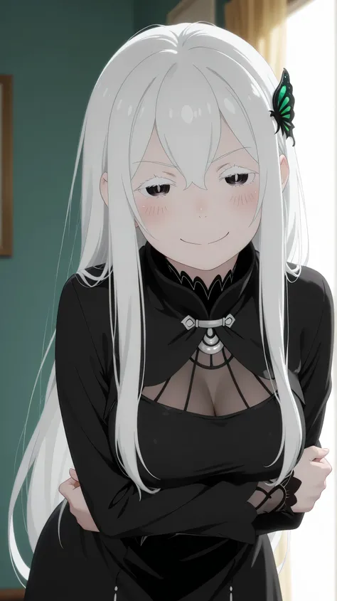 echidna, rezero, smug face, blush, full clothes, leaning forward, both arms under her chest, dramatic lighting