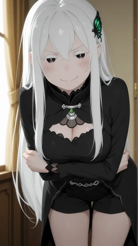 echidna, rezero, smug face, blush, full clothes, leaning forward, both arms under her chest, dramatic lighting