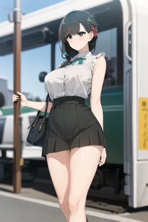 Big BreastsをさらにBig Breastsに描いて下さい,sleeveless at the beach, wet 、beautiful and neat face,nice smiles,Can you draw a woman looking at a train,depicts a woman waiting in front of the car in front of her,東京の地下鉄ホームでwaiting for the train女性は描けますか, ,congestion,wai...