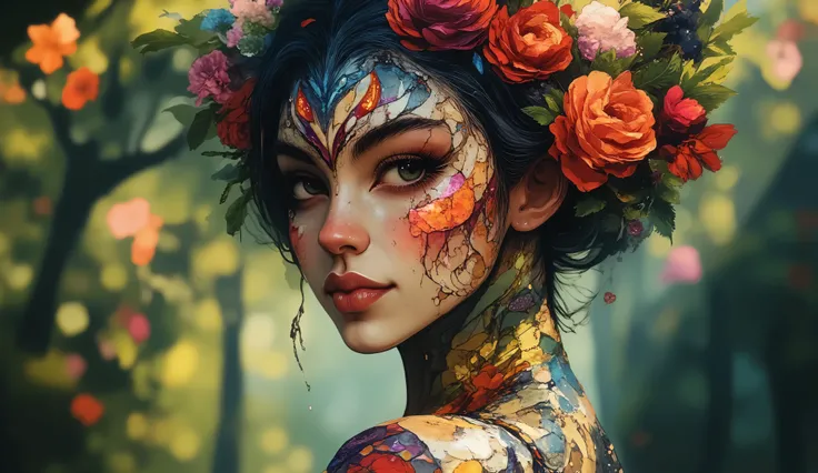 Imagine a surreal portrait of a woman whose face is a mosaic of various textures and materials, including blooming flowers, flowing water, and shimmering crystals. She stands in a lush garden, with dappled sunlight filtering through the leaves, illuminatin...