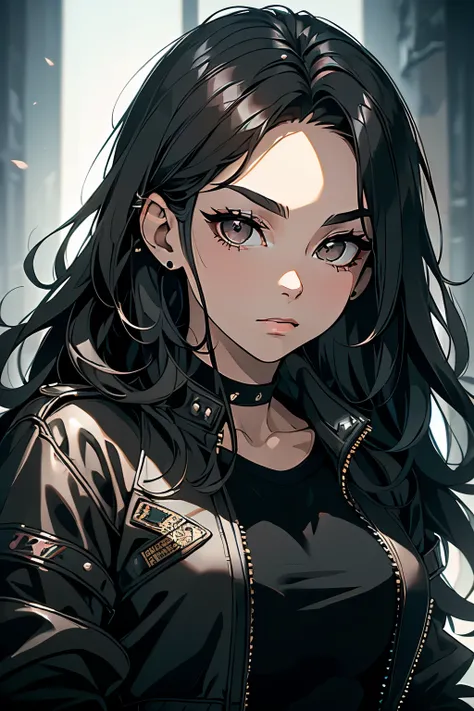                      a beautiful woman   , age group 30 years ,             uniform with long black hair  ,  black eyes combining black leather bomber jacket with low-cut blouse and choker, ansioso   ((1.2)) ((   pretty face)) ((   obra-prima)) ((    extre...