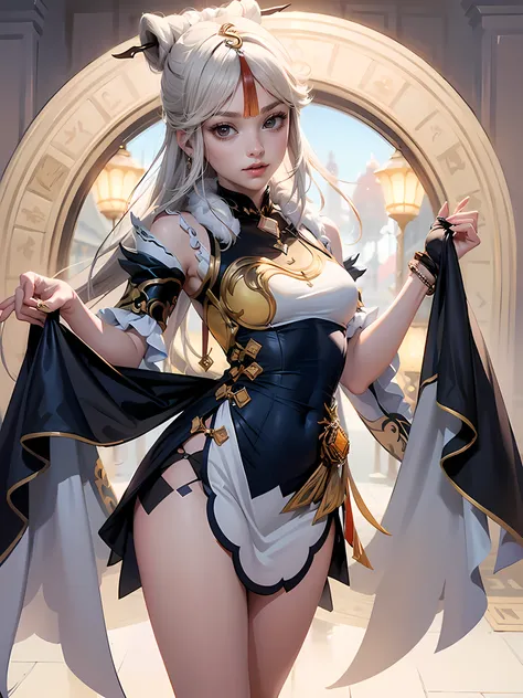 1girl, blonde hair, harness, white dress, solo, asymmetrical gloves, high socks, ponytail, puffed skirt, glow eyes, harness, maid dress, collarbone, garter on the legs, standing up, white apron, maid dress, maid, streaked hair, thigh gap, harness, very lon...