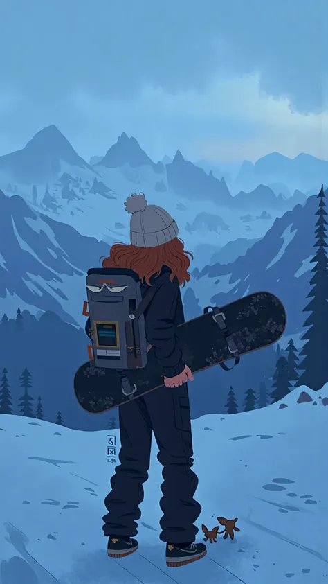 telephoto lens,on the edge of a snowboard in blue twilight,long brown wavy hair falling off the brim,white knitted hat,black ski suit,gray hiking bag,Snowboarding woman holding a snowboard,Back to camera,Looking at the mountains,, heavy snow,Low visibilit...