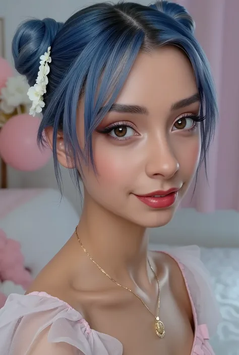 Poetry Book Layout, blue mane with gold stripes in it, hair bun with bangs, pink blue, blue body, anthro, blushing