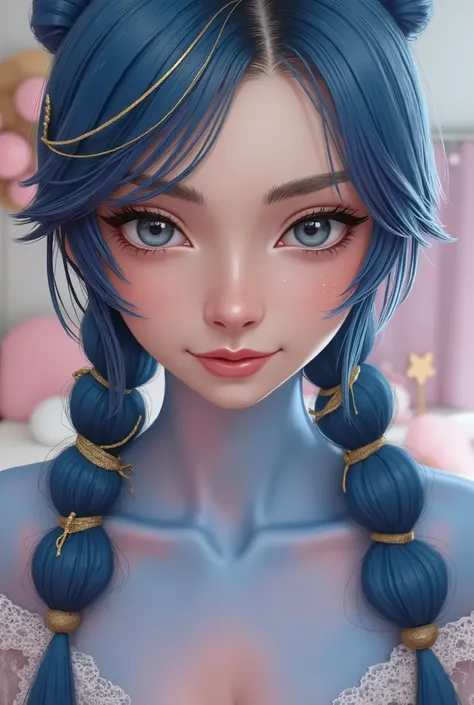 Poetry Book Layout, blue mane with gold stripes in it, hair bun with bangs, pink blue, blue body, anthro, blushing