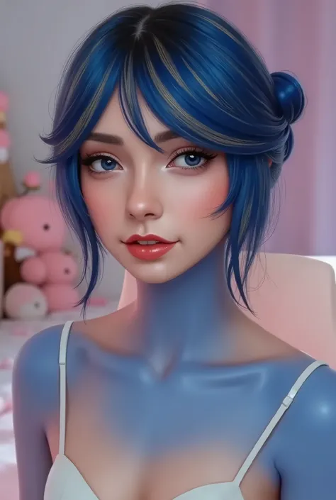 Poetry Book Layout, blue mane with gold stripes in it, hair bun with bangs, pink blue, blue body, anthro, blushing