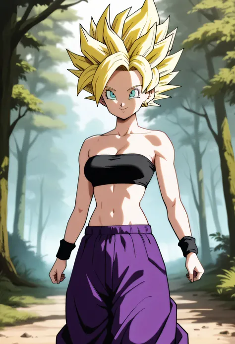 cauliflassj, 1girl, solo, aqua eyes, blonde hair, spiked hair, big hair, super saiyan,
bare shoulders, midriff, pnk top, crop top, strapless, tube top, bandeau, purple pants, baggy pants, puffy pants, black wristband,
smile,closed mouth,cowboy shot,
forest...