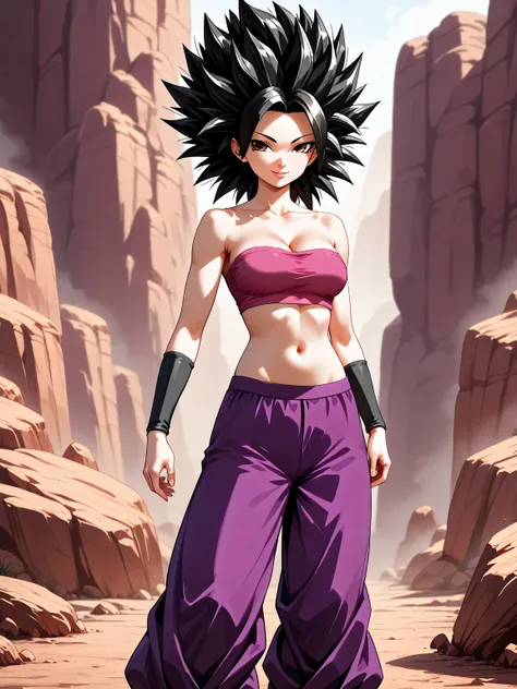 (caulifla), black hair, spiked hair, big hair, black thin eyebrows, brown eyes, black eyeliners, lips, closed smile, collarbone, cleavage, bra shoulders, (pink tube top), navel, midriff, standing, purple pants