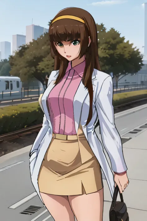 brown straight long hair，Big BreastsをさらにBig Breastsに描いて下さい，miniskirt，Yellow hair band on the head,，nice smiles，Can you draw a woman looking at a train，draw a woman waiting in front of the car in front of you，東京の地下鉄ホームでwaiting for the train女性は描けますか， ,conges...