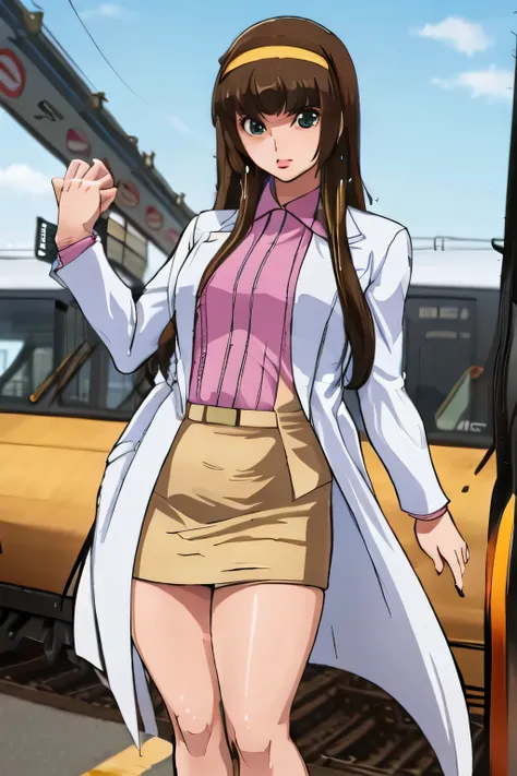 brown straight long hair，Big BreastsをさらにBig Breastsに描いて下さい，miniskirt，Yellow hair band on the head,，nice smiles，Can you draw a woman looking at a train，draw a woman waiting in front of the car in front of you，東京の地下鉄ホームでwaiting for the train女性は描けますか， ,conges...