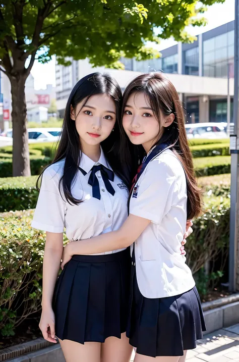 Two girls (18 years old, Japanese pretty face) are wearing high school uniforms with mini skirt on Spring sunny day.