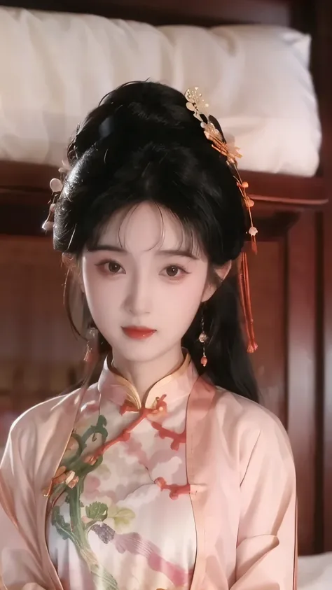 1 beautiful girl,Best Quality,(painting:1.5),Chest,torii,,depth of field, detailed face ,facial focus,ribbon_trim,(watching the audience in bed:1.25),Smile,Thick lips,Real People,colorful cheongsam