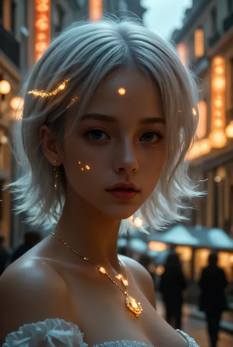 very big golden eyes((golden irises))1Beautiful Human Skin Is White and Smooth((Shoulder-length Silver Hair))Superb Beauty with Very Thin Cheeks and Jaws((Amber Necklaces、Milky White Earrings、moonstone ring)Beautiful, smooth, silky skin((White Lace Fantasy...