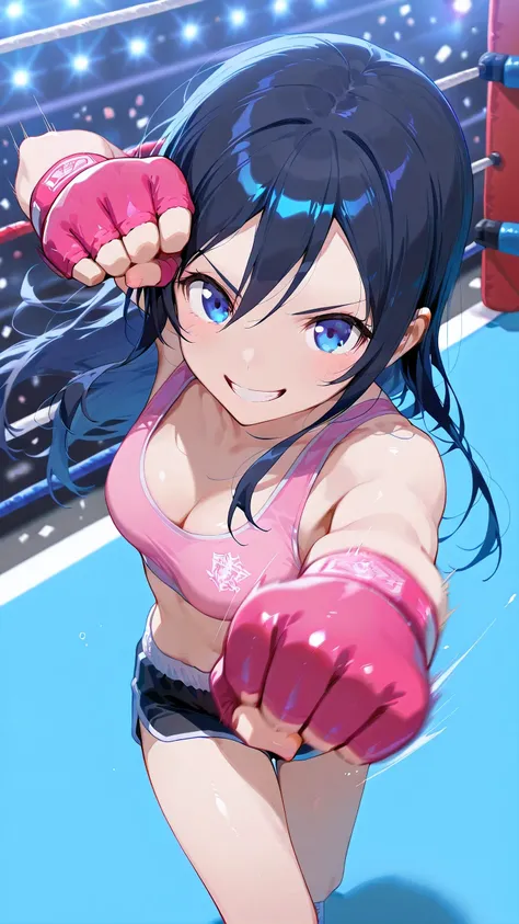 ayase aragaki, long hair, blue eyes, black hair, solo, Detailed eyes, pink sports bra, pink sports very short spats, pink fingerless gloves, thigh, cleavage, slim long legs, medium breast, serious grin, looking at viewer, Detailed eyes, Detailed face, from...