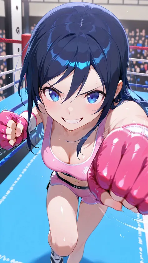 ayase aragaki, long hair, blue eyes, black hair, solo, Detailed eyes, pink sports bra, pink sports very short spats, pink fingerless gloves, thigh, cleavage, slim long legs, medium breast, serious grin, looking at viewer, Detailed eyes, Detailed face, from...