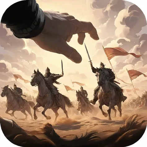   Fraction_9, Fraction_8_up, Fraction_7_up，shows a sandbox scene without changing，以high resolution生成类似的场景图片，Guan Yu and Zhang Fei's faces，horse riding，The Three Kingdoms game icon，The background is a cloudy sky，with a few clouds floating on it。application ...
