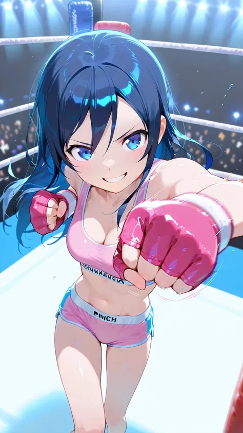 ayase aragaki, long hair, blue eyes, black hair, solo, Detailed eyes, pink sports bra, pink sports very short spats, pink fingerless gloves, thigh, cleavage, slim long legs, medium breast, serious grin, looking at viewer, Detailed eyes, Detailed face, from...
