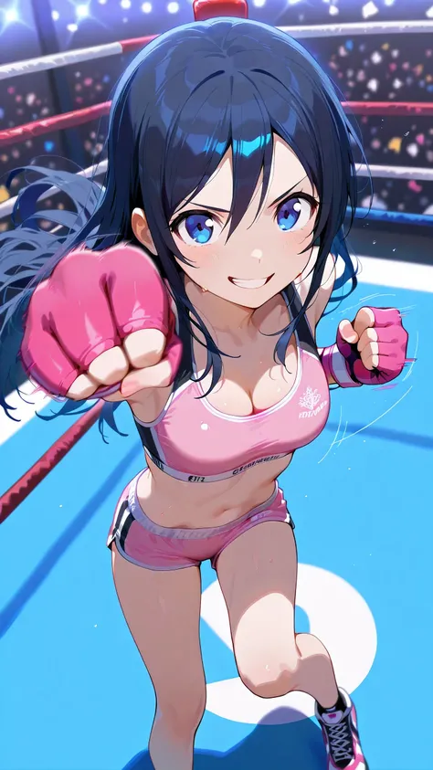 ayase aragaki, long hair, blue eyes, black hair, solo, Detailed eyes, pink sports bra, pink sports very short spats, pink fingerless gloves, thigh, cleavage, slim long legs, medium breast, serious grin, looking at viewer, Detailed eyes, Detailed face, from...