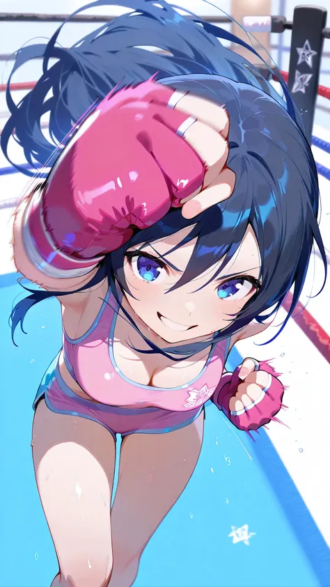 ayase aragaki, long hair, blue eyes, black hair, solo, Detailed eyes, pink sports bra, pink sports very short spats, pink fingerless gloves, thigh, cleavage, slim long legs, medium breast, serious grin, looking at viewer, Detailed eyes, Detailed face, from...