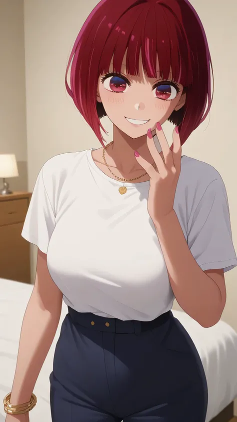 Anime girl,hot, Kana Arima, short bright red hair to her neck, bangs, bob cut, tall ,sexy body ,Japanese girl,model, red gyaru tiered,pink nails,in a beautiful pink bedroom, big , big ass,facing the cameraBlush, Smile, Short Hair, Jewelry, Purple Eyes, Red...