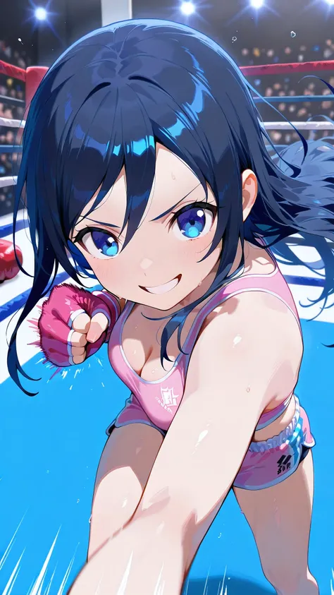 ayase aragaki, long hair, blue eyes, black hair, solo, Detailed eyes, pink sports bra, pink sports very short spats, pink fingerless gloves, thigh, cleavage, slim long legs, medium breast, serious grin, looking at viewer, Detailed eyes, Detailed face, from...