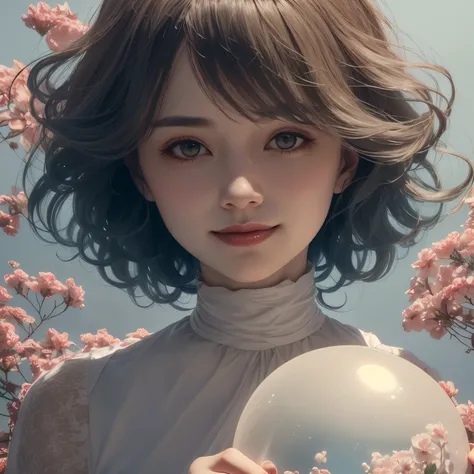 382 (20 year old woman),(short hair),(gentle smile),(high quality photos),( cinematic pictures playing on the lawn ),(colorful),(Crystal Ball),((contrast between light and shade))