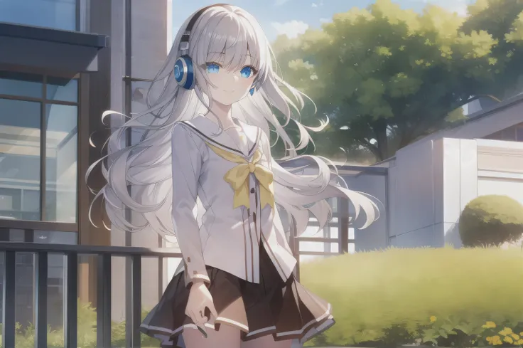 White hair, long hair,( blue eyes:1.5), (big :1.2),
1 Girl, school uniforms, flat chest, Smile, wired headphones ,outdoor,wind, Game CG Break,,( masterpiece), (Best Quality), (ultra-detailed), Very beautiful, Newest, Beauty illustration,super fine skin,...