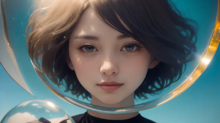 382 (20 year old woman),(short hair),(gentle smile),(high quality photos),( cinematic pictures playing on the lawn ),(colorful),(Crystal Ball),((contrast between light and shade))