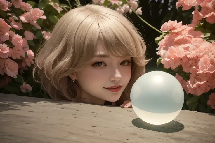 382 (20 year old woman),(short hair),(gentle smile),(high quality photos),( cinematic pictures playing on the lawn ),(colorful),(Crystal Ball),((contrast between light and shade))