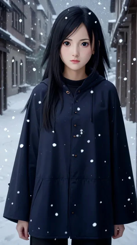 1girl, solo,hikari uchiha,black hair,long hair,outdoors,potrait,winter background,wear hooded cloak,small breast,black eyes, snowfall