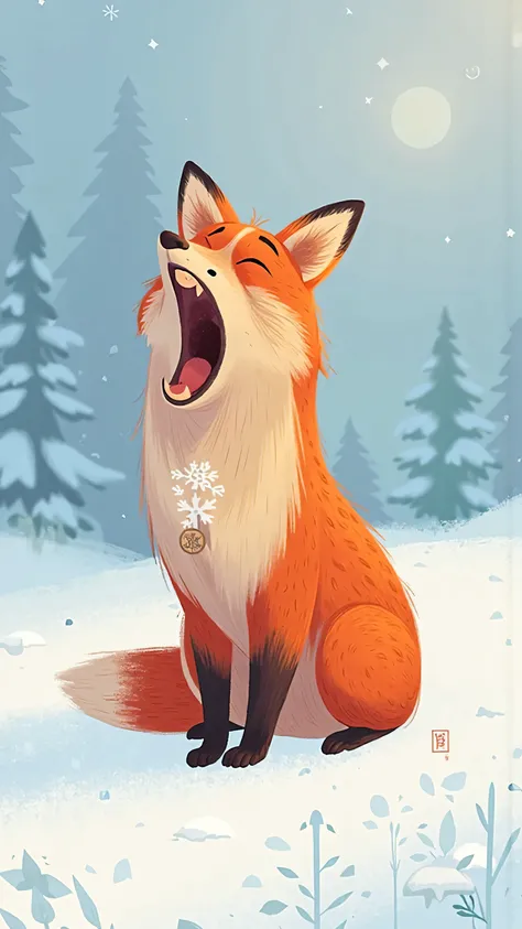 A red fox sitting in white snow,Yawning with a big mouth ,detailed hair,Snowflakes attached to beard,Soft Natural Light,Light depth of field Minimalist winter background,snowy,HD real wildlife photography style,illustration,Aletai Jiangjun Mountain。