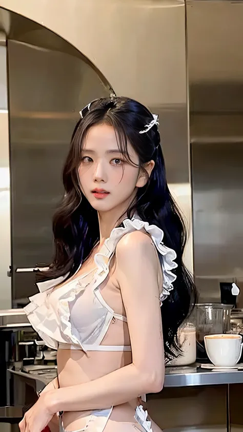 ((Best Quality 8K Masterpiece)) Japanese idol a beauty girl 18year old ((beautiful symmetrical eye shiny plump lips)) Short wavy brown hair with bangs ((Shot from the side sexypose Looking at the camera)) (white cafe apron with frills:1.4) (no-bra:1.4) i...