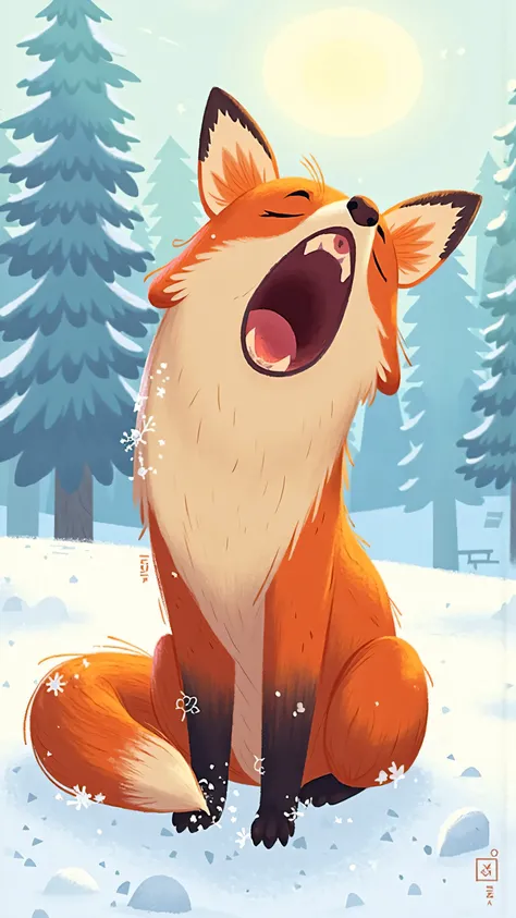 A red fox sitting in white snow,Yawning with a big mouth ,detailed hair,Snowflakes attached to beard,Soft Natural Light,Light depth of field Minimalist winter background,snowy,HD real wildlife photography style,illustration,Aletai Jiangjun Mountain。