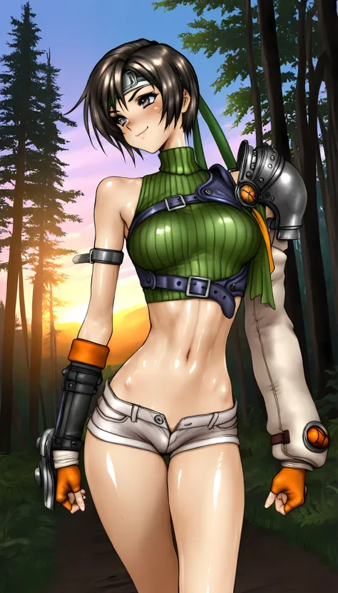 (masterpiece,best quality:1.2,amazing quality,very aesthetic,absurdres,newest), Shirow Masamune style, Yuffie Kisaragi,final fantasy 7,1woman,solo,(very small head:1.2),(ideal ratio body proportions:1.2),(slender body:1.2,skinny:1.2),medium breasts,oily sk...