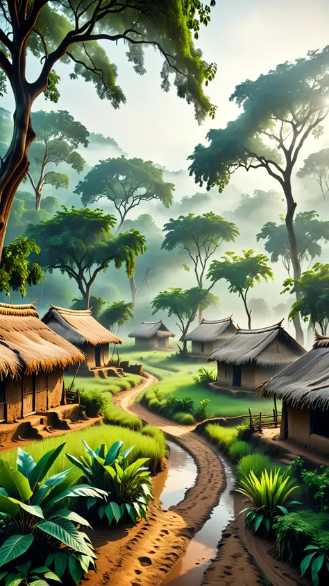 Dynamic photo of A 17th-century Indian rural village with mud huts and straw roofs beside a dense forest. The forest is thick with banyan and neem trees covered in fog. No characters in focus, setting the mystical mood., realistic cinematic style, 4k ultra...
