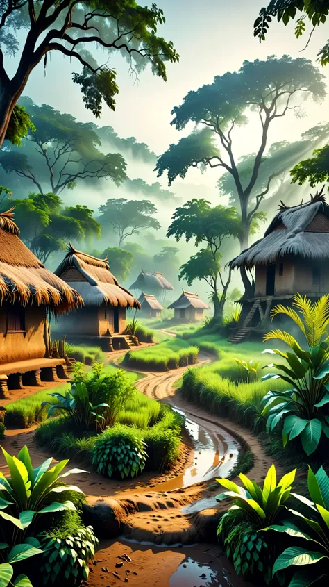 Dynamic photo of A 17th-century Indian rural village with mud huts and straw roofs beside a dense forest. The forest is thick with banyan and neem trees covered in fog. No characters in focus, setting the mystical mood. At night time, realistic cinematic s...