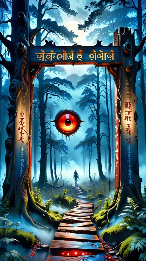 Dynamic photo of The same forest at night, ominous and shrouded in blue mist. A weathered wooden signboard at the edge reads "भूतों का जंगल" in faded red letters. No human figures, just glowing animal eyes from within., realistic cinematic style, 4k ultra ...