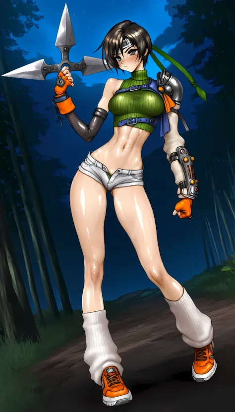 (masterpiece,best quality:1.2,amazing quality,very aesthetic,absurdres,newest), Shirow Masamune style, Yuffie Kisaragi,final fantasy 7,1woman,fighting Monsters,(very small head:1.2),(ideal ratio body proportions:1.2),(slender body:1.2,skinny:1.2),medium br...