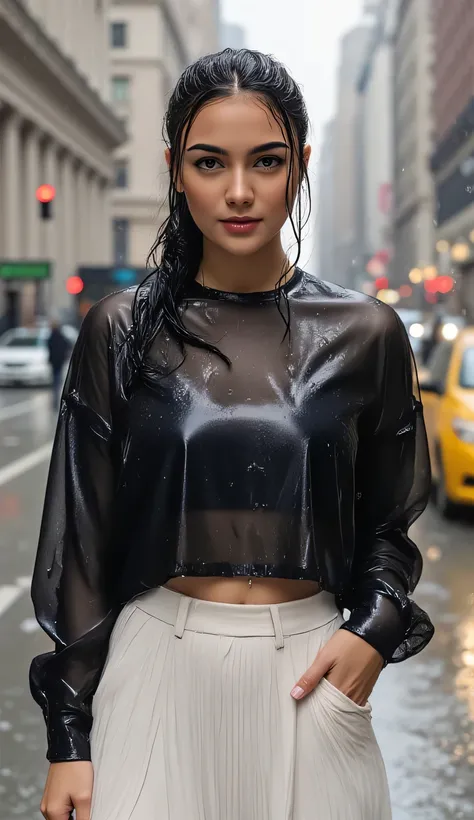 a beautiful woman, standing in the middle of the city in the rain, shirt looks full body, body facing the camera, transparent black long sleeve tight t-shirt, long skirt white leggings, tubuh basah, wet hair ponytail, tubuh sexy, bibir merah, seduct...